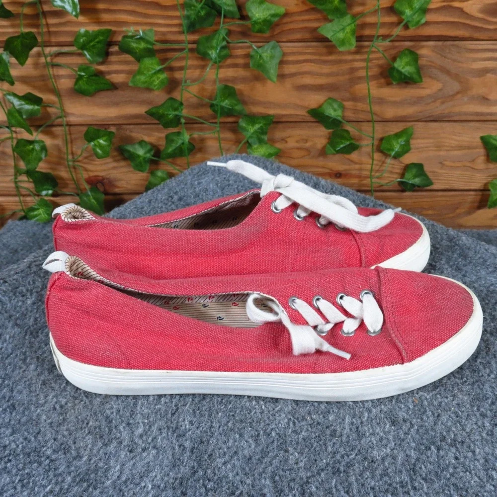 Lands'‎ End Women Canvas Lace Up Sneaker Size 8.5 Casual Walking Shoe Red White